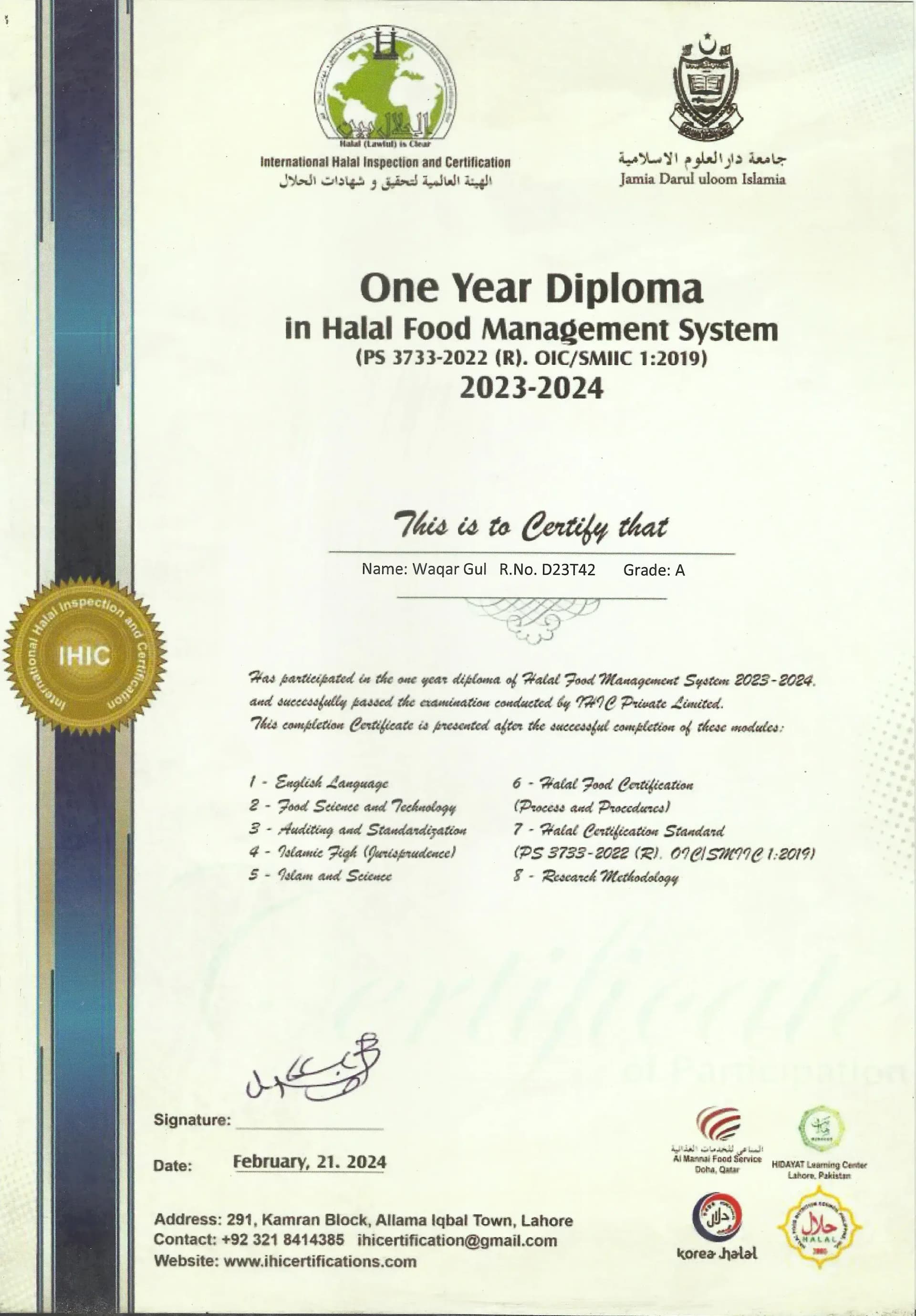 Al-Shahadah al-'Almiyyah (Master of Arabic & Islamic Sciences) — Wifaqul Madaris Al-Arabia Pakistan